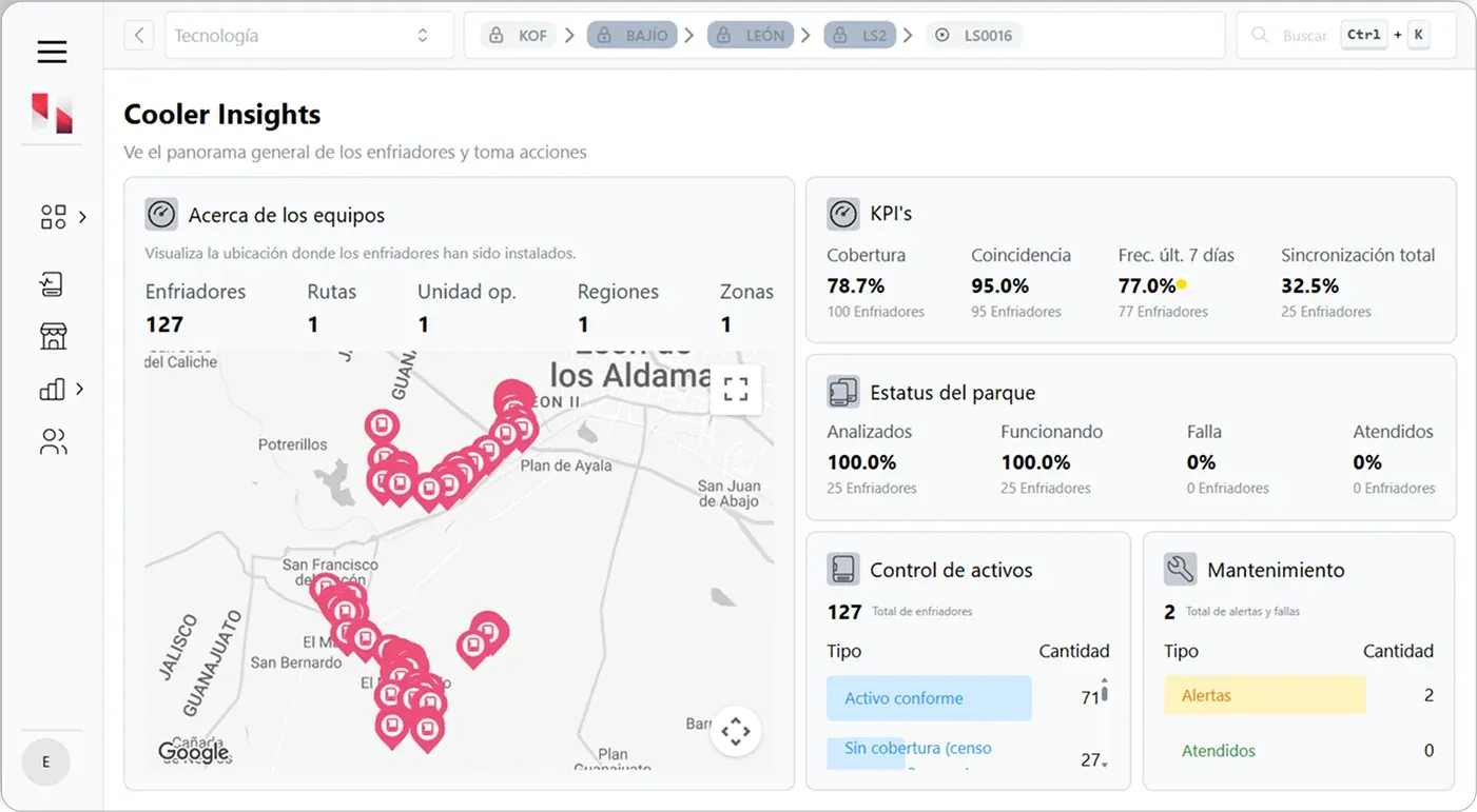Solkos console: cooler map, alerts and coverage KPIs