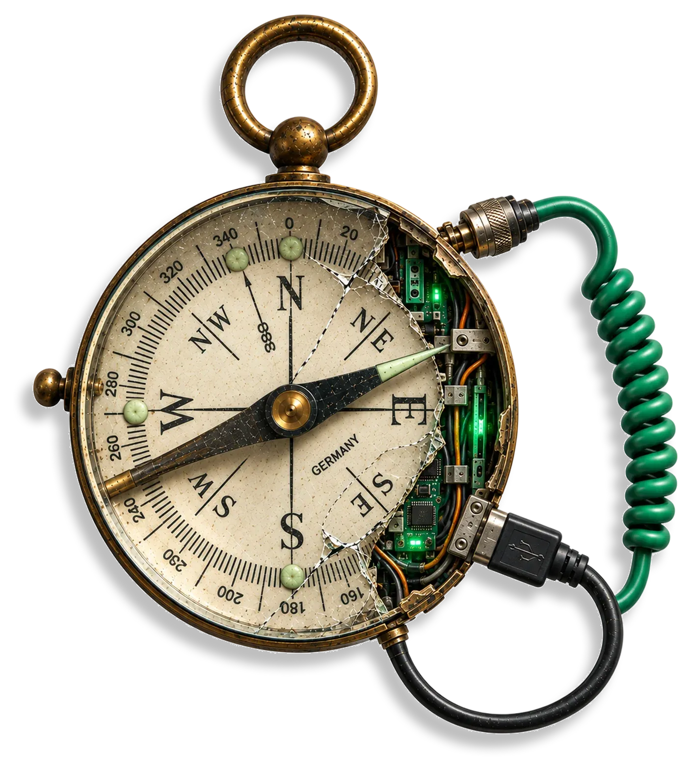 Brass compass wired with a green cable to a circuit board.