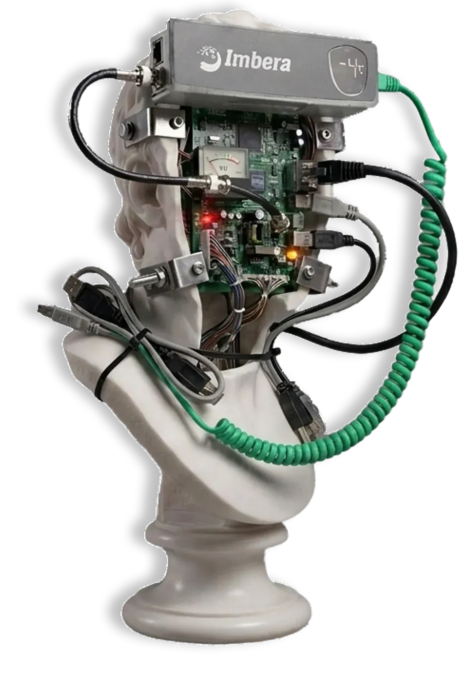 Classical bust with a circuit board and cables in place of a face.