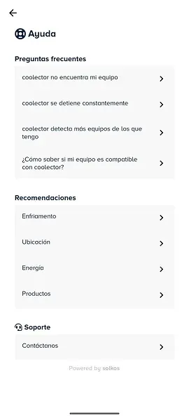 Help screen of the Coolector app with frequently asked questions.