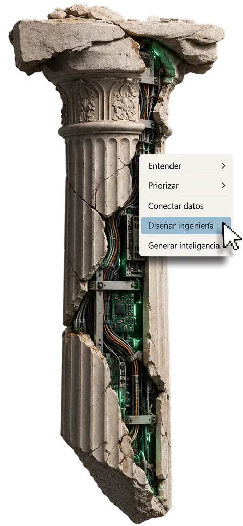 Cracked classical column with circuits inside and a menu showing the Design engineering option.