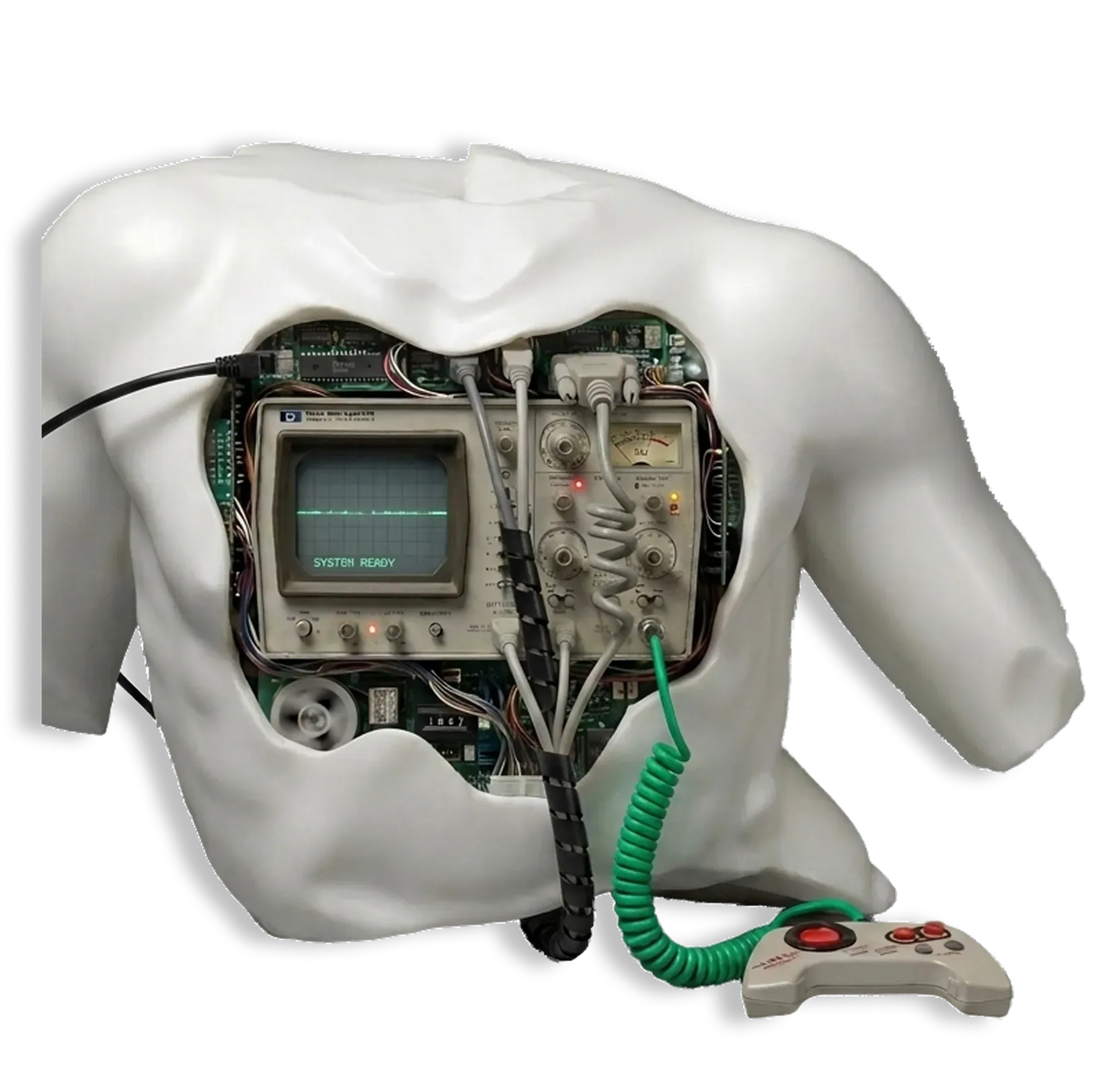 Plaster torso with a screen, circuits and cables in its chest.