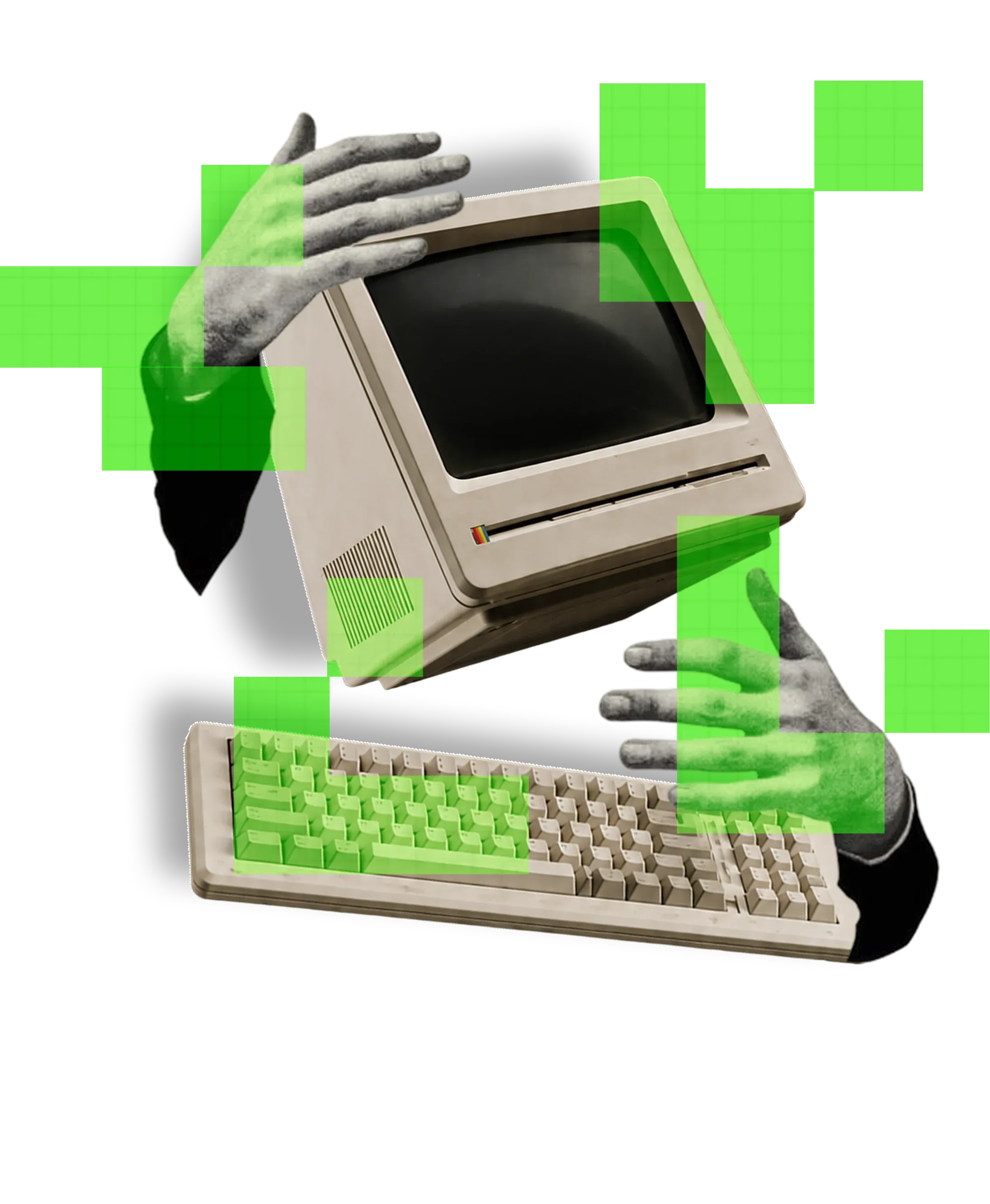 Collage: two hands hold a vintage computer and its keyboard, with green squares on top.
