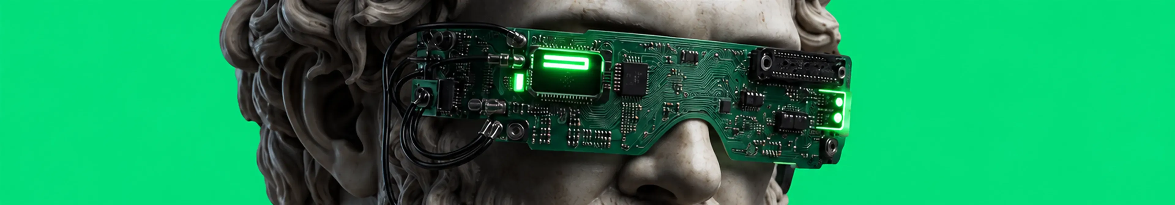 Classical bust wearing a circuit-board visor over its eyes