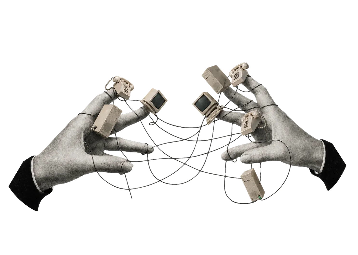 Two plaster hands tangled in cables with vintage phones and computers.