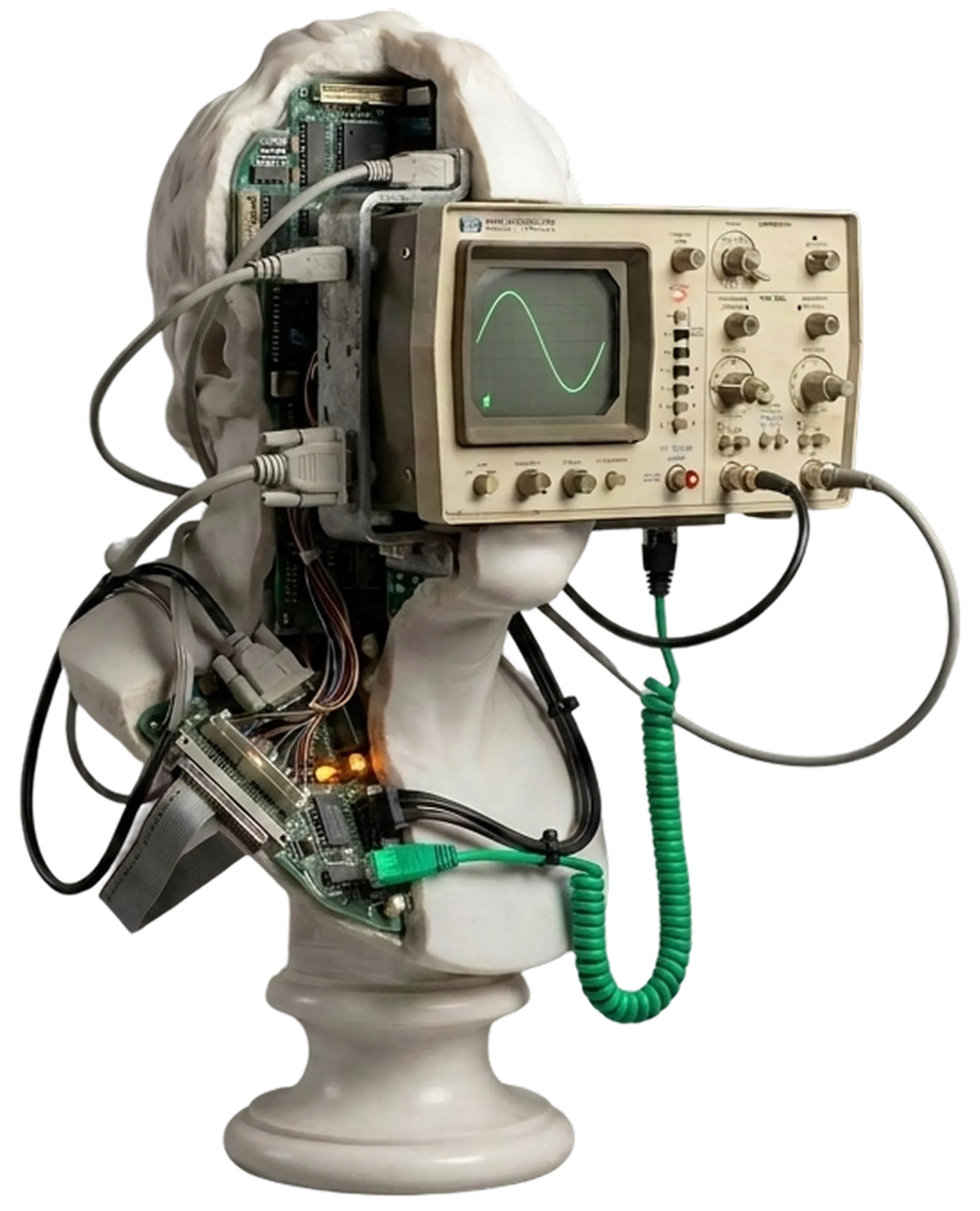 Sculpture with measuring equipment — a metaphor for a tied-down operation