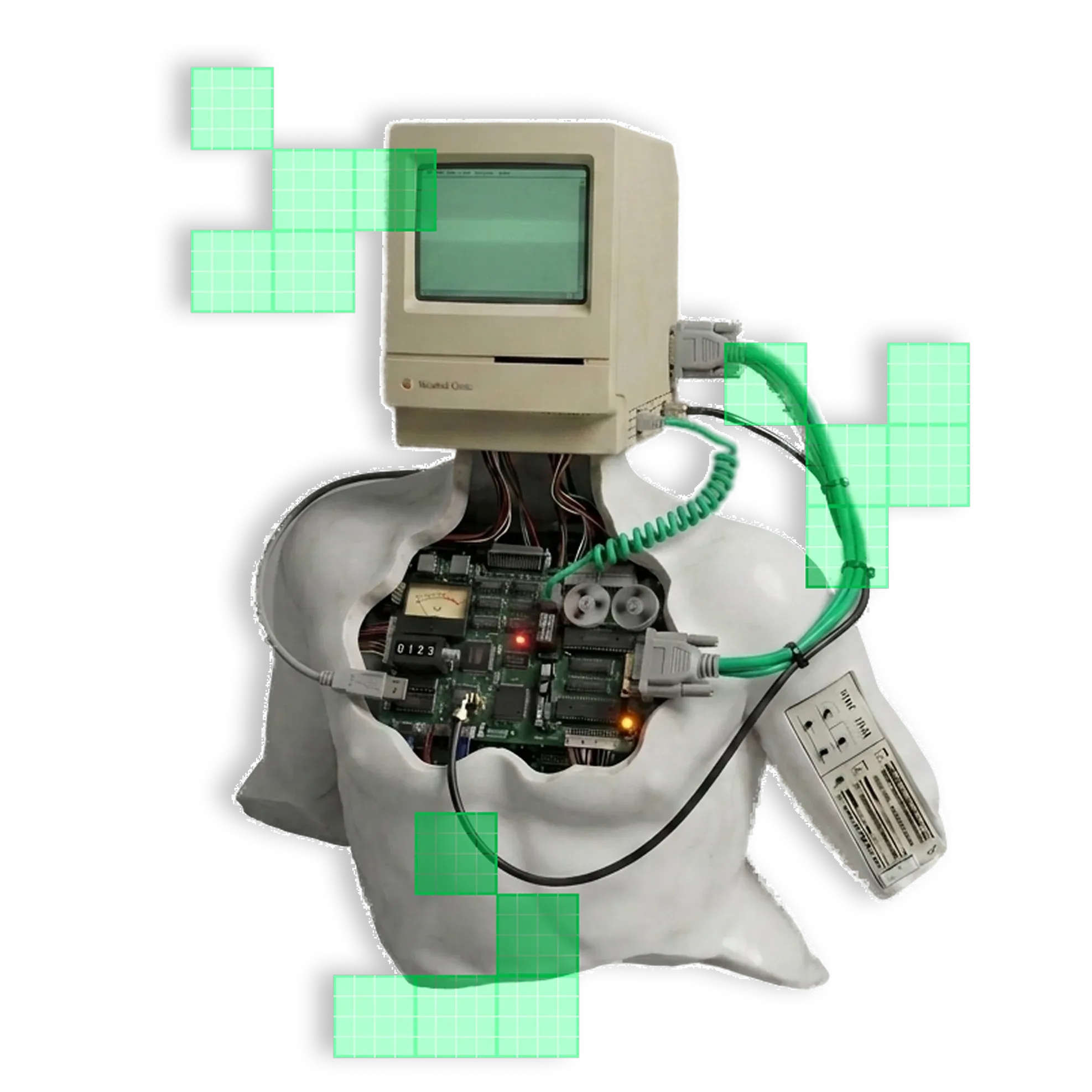 Plaster head with a vintage computer and wired circuits, surrounded by green squares.