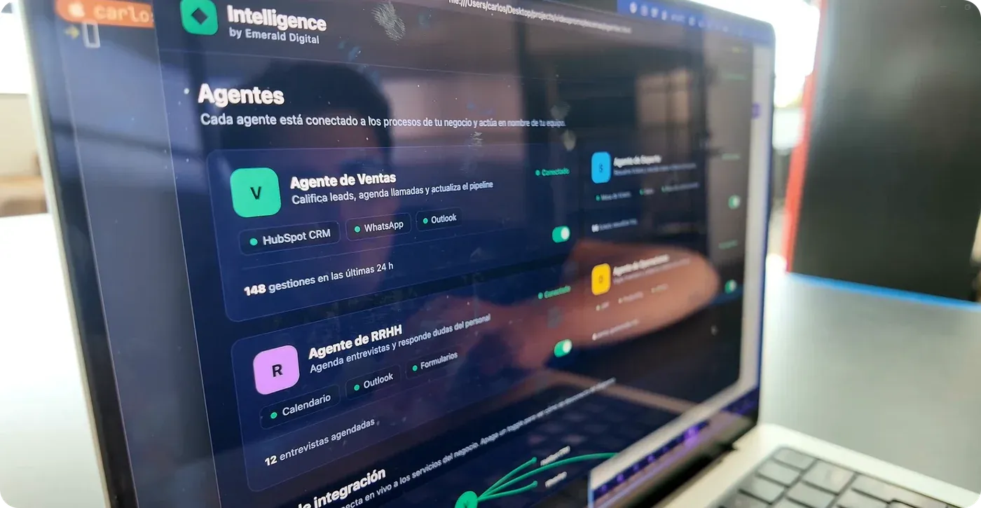 The Intelligence by Emerald Digital agents panel on a screen.