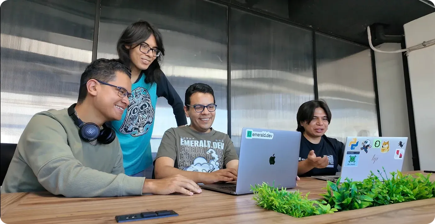 Emerald's team reviewing product progress on a laptop.