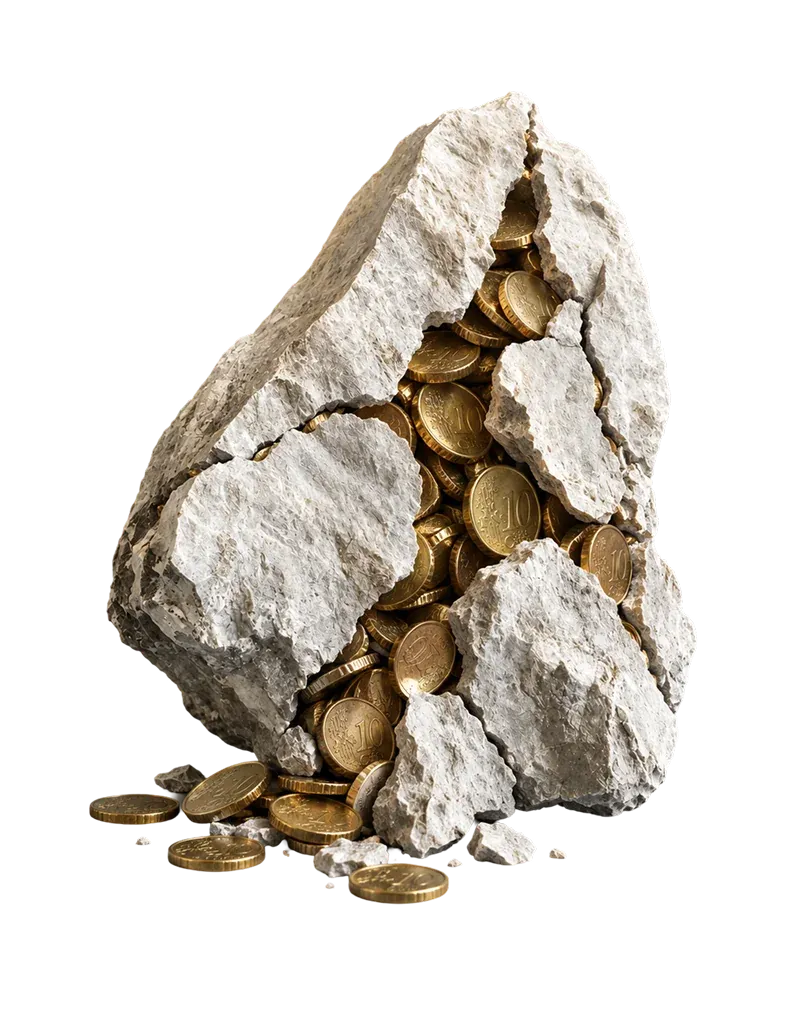 Rock split in half with gold coins inside.