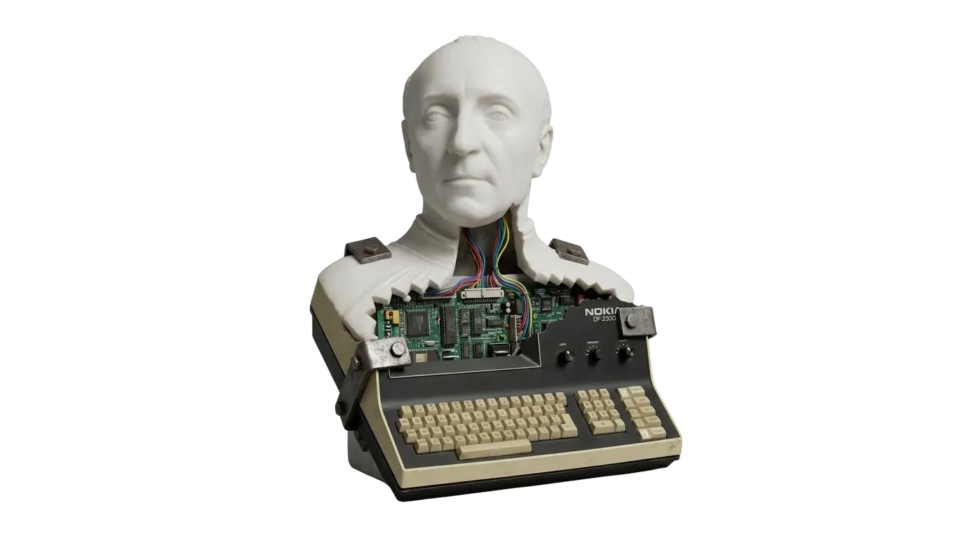 A Roman bust integrated into a retro computer.