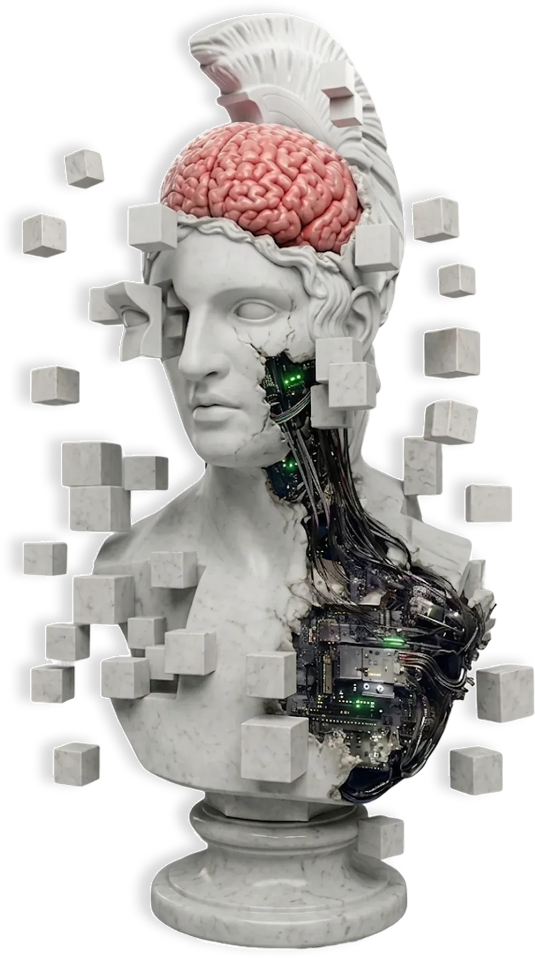 Classical bust breaking into blocks, revealing a brain and circuits.
